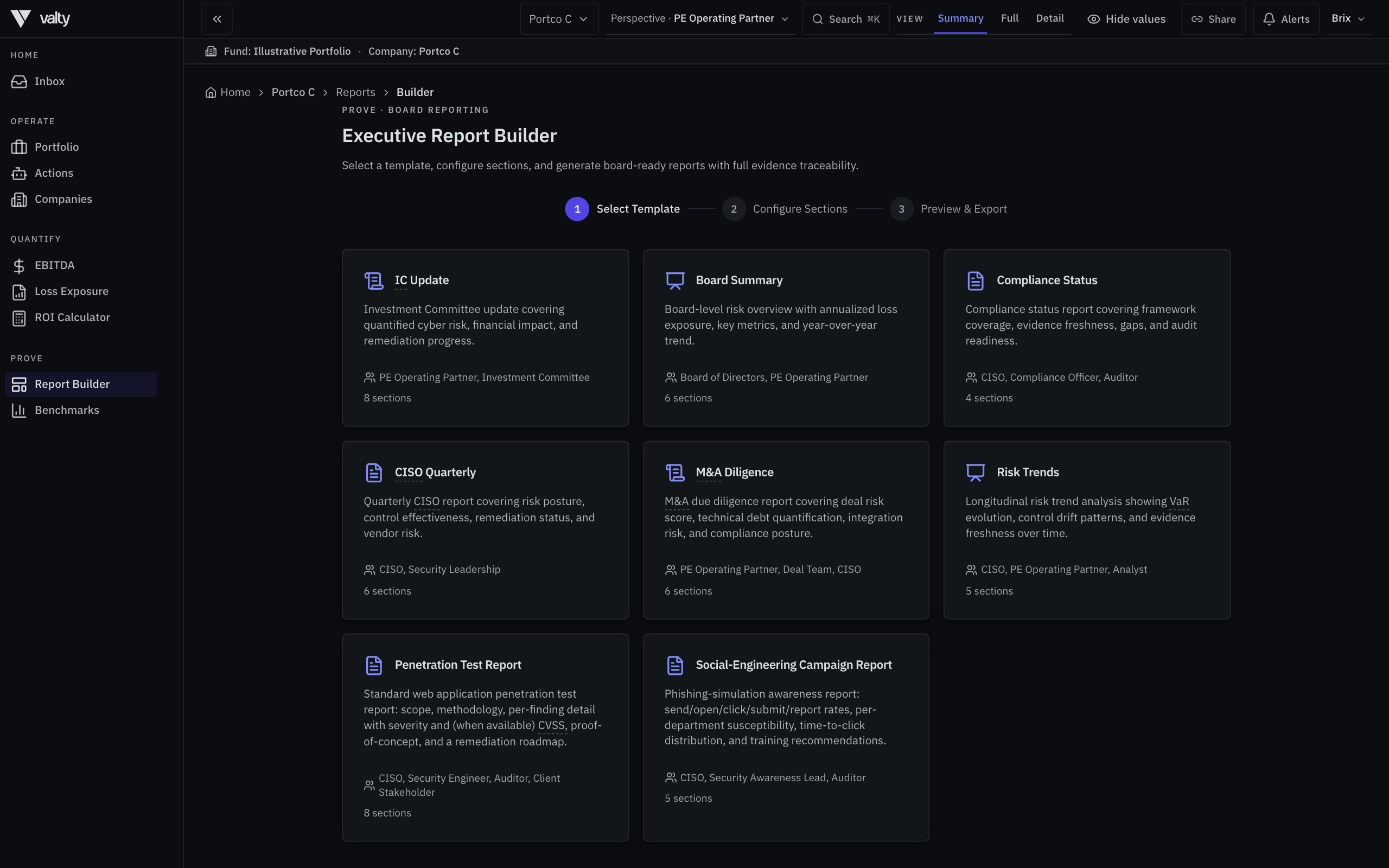 Valty executive report builder showing template selection, including IC Update and Board Summary formats